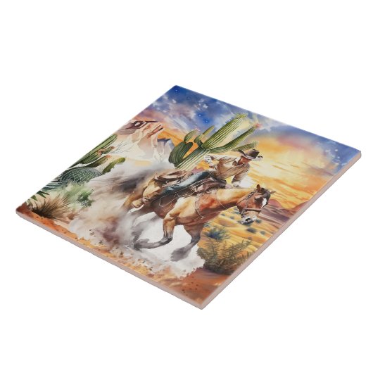 かわいい砂漠のサボテンの乗馬カウボーイ タイル (側面)