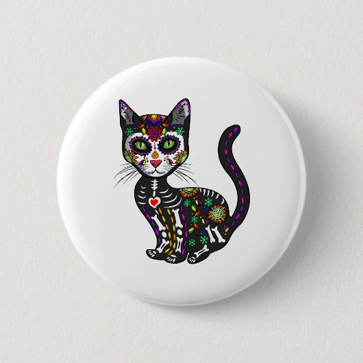 かわいい砂糖スカルメキシコ猫ハロウィーンの日 缶バッジ (正面)