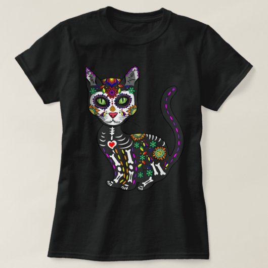 かわいい砂糖スカルメキシコ猫ハロウィーンの日 Tシャツ (デザイン正面)