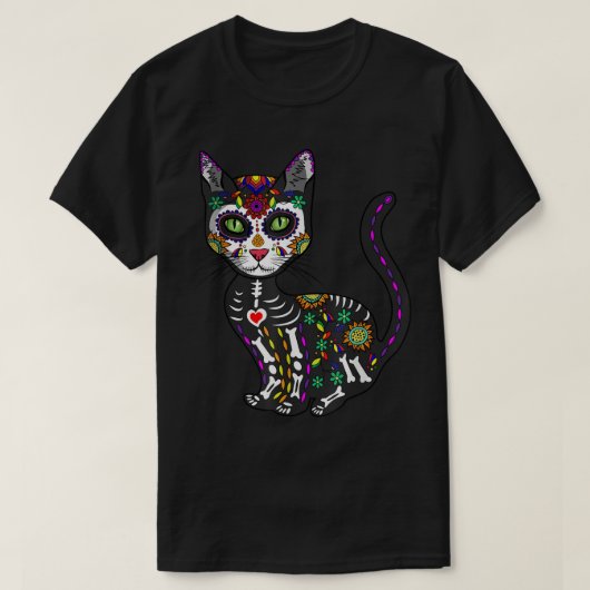 かわいい砂糖スカルメキシコ猫ハロウィーンの日 Tシャツ (デザイン正面)