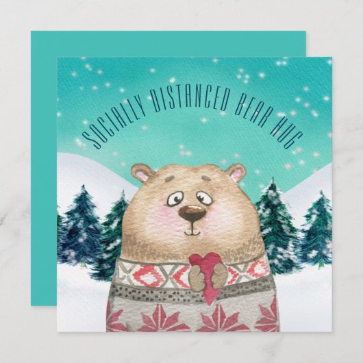 かわいい社会的に離れたクマのハグ森林の雪のシーン シーズンカード (正面/裏面)