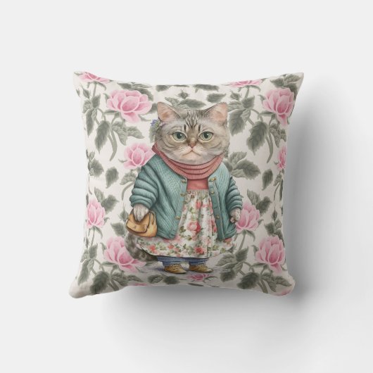 かわいい祖母ねこピンクのフローラエプロン クッション (裏面)