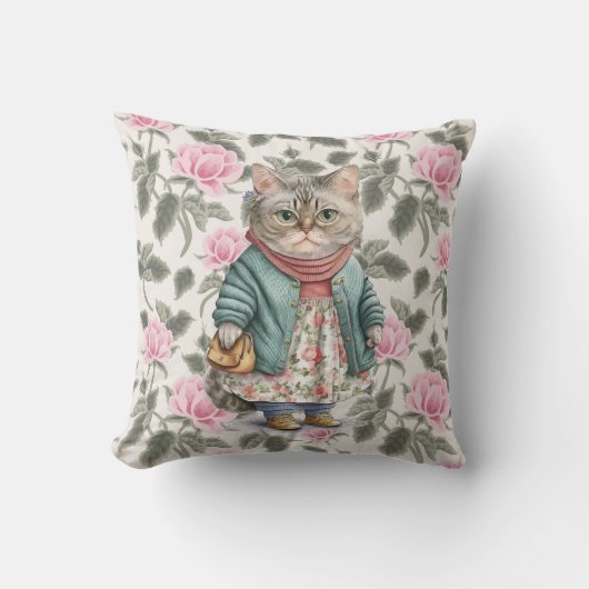 かわいい祖母ねこピンクのフローラエプロン クッション (正面)