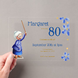 かわいい祖母の水色フローラ80誕生日 アクリル招待状