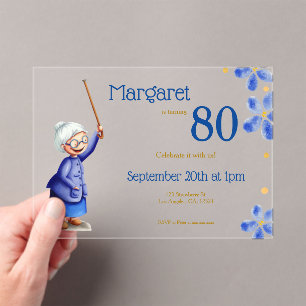 かわいい祖母の水色フローラ80誕生日 アクリル招待状
