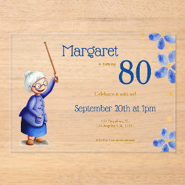 かわいい祖母の水色フローラ80誕生日 アクリル招待状