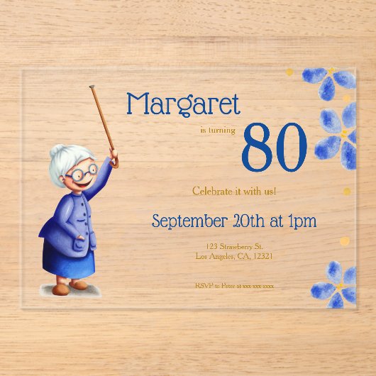 かわいい祖母の水色フローラ80誕生日 アクリル招待状 (正面)