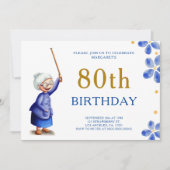 かわいい祖母の水色フローラ80誕生日 招待状 (正面)