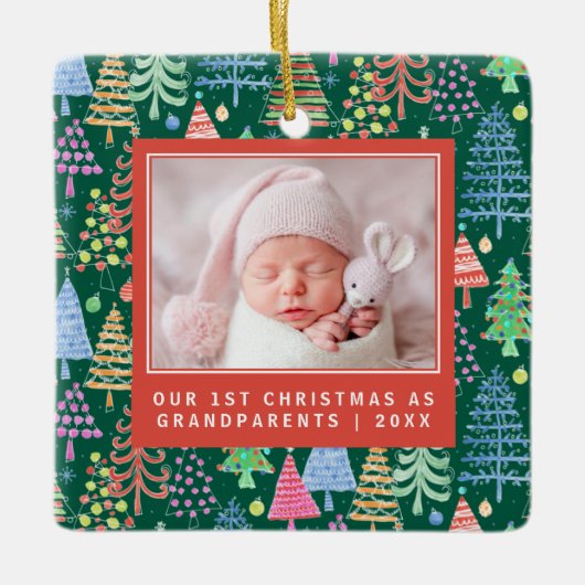 かわいい祖父母1stクリスマスツリーフォトグリーン セラミックオーナメント (正面)