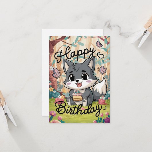 かわいい神秘的なウルフデジタル誕生日 カード (正面/裏面インサイチュ)