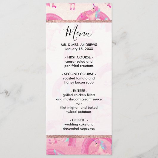 かわいい神秘的なピンクのユニコーン虹の水色 メニュー (正面)