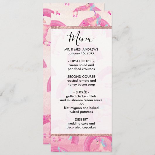 かわいい神秘的なピンクのユニコーン虹の水色 メニュー (正面/裏面)