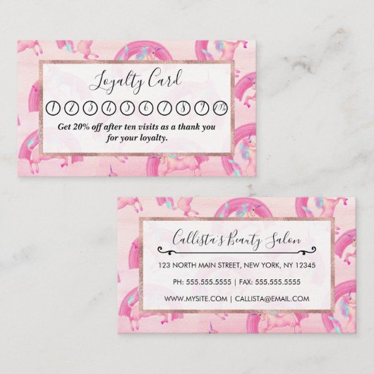 かわいい神秘的なピンクのユニコーン虹の水色 ロイヤリティカード (正面/裏面)