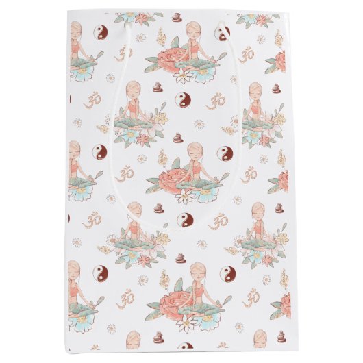 かわいい禅ヨガメディテーションロータスナマステ ミディアムペーパーバッグ (正面)