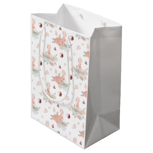 かわいい禅ヨガメディテーションロータスナマステ ミディアムペーパーバッグ (裏面アングル)