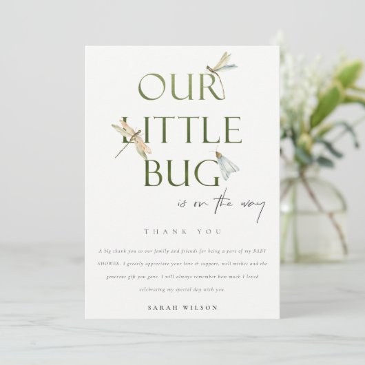 かわいい私たちの小さなバグ緑トンボ赤ちゃんシャワー サンキューカード (スタンド正面)