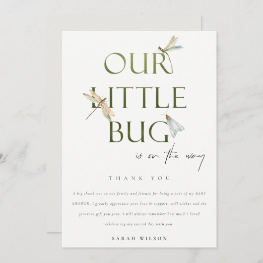 かわいい私たちの小さなバグ緑トンボ赤ちゃんシャワー サンキューカード (正面/裏面)