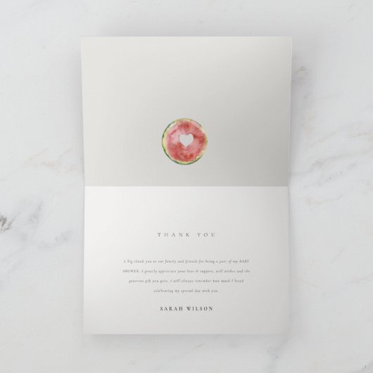 かわいい私たちの小さなメロンの水の色赤い赤ちゃんシャワー サンキューカード (内部)