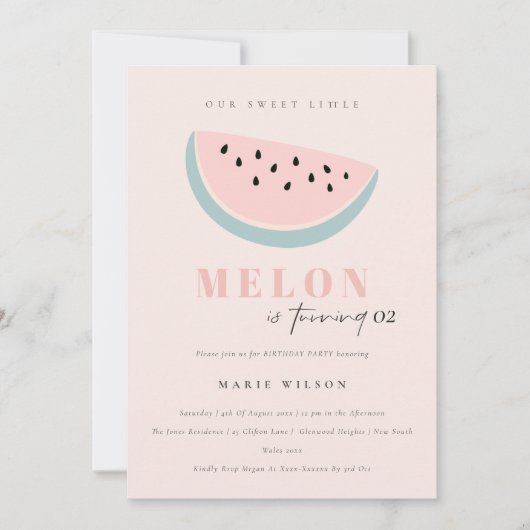 かわいい私たちの小さなメロンパステルピンクany年齢誕生日 招待状 (正面)