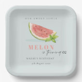 かわいい私たちの小さなメロンブルー任意の年齢誕生日 ペーパープレート (正面)