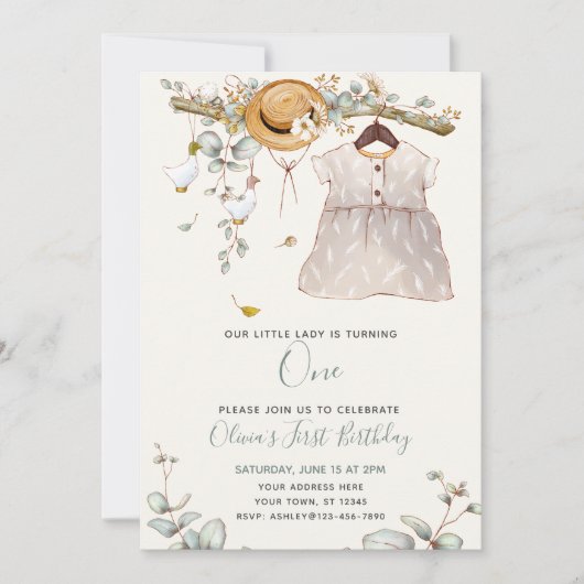 かわいい私たちの小さな女性は1人のフローラ素朴 招待状 (正面)