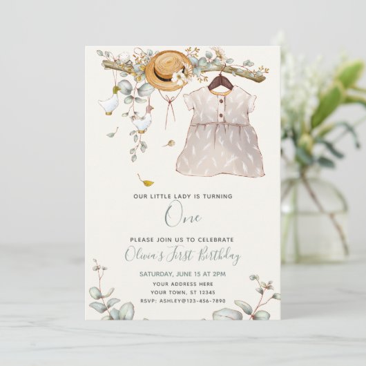 かわいい私たちの小さな女性は1人のフローラ素朴 招待状 (スタンド正面)