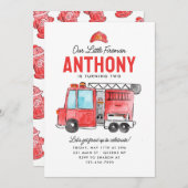 かわいい私たちの小さな消防士ヘルメット消防車の誕生日 招待状 (正面/裏面)
