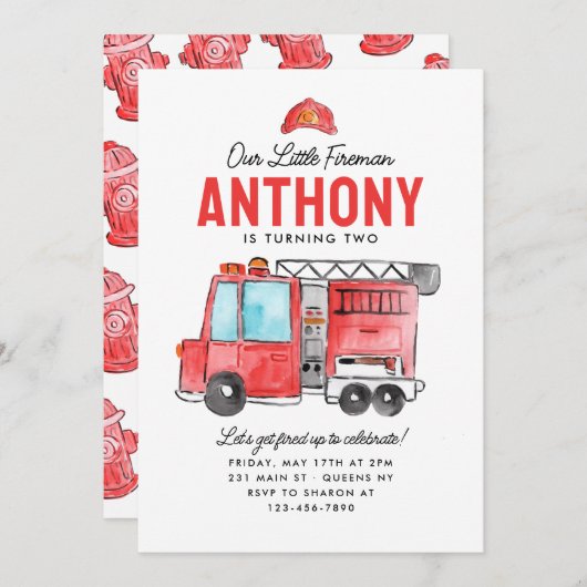かわいい私たちの小さな消防士ヘルメット消防車の誕生日 招待状 (正面/裏面)