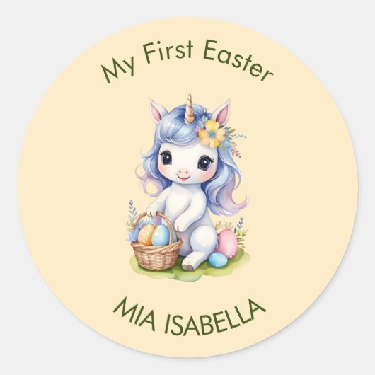 かわいい私の最初のイースターユニコーンベビーステッカー ラウンドシール (正面)