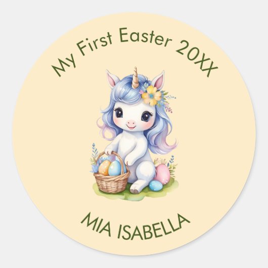 かわいい私の最初のイースターユニコーンベビーステッカー ラウンドシール (正面)