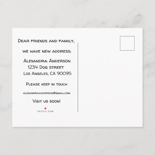 かわいい私の犬と私は新しいアドレスを移動している 案内ポストカード (裏面)