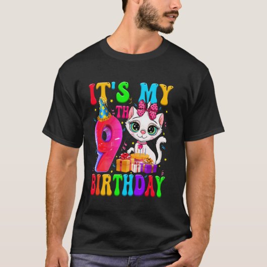 かわいい私の9歳の誕生日9歳の猫の誕生日パーティー Tシャツ (正面)