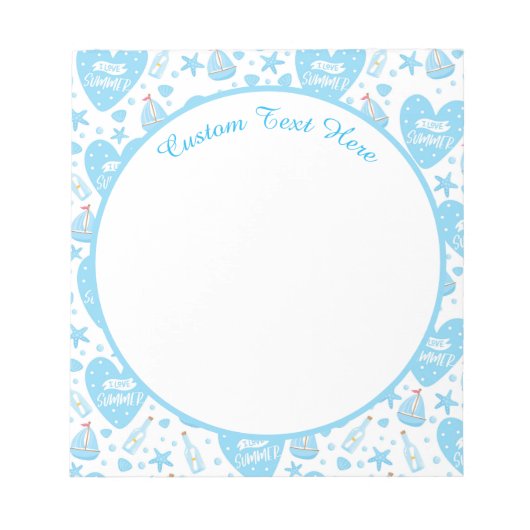 かわいい私は夏の青いハート帆船ヒトデ大好き ノートパッド (正面)