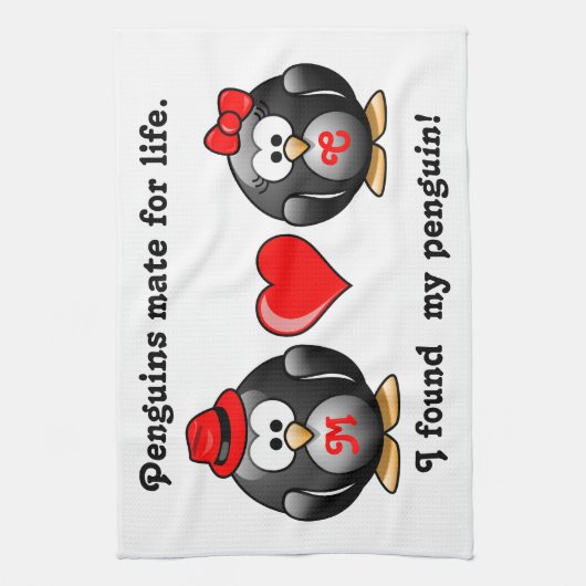 かわいい私は生命赤いハートのための私のペンギンの仲間を見つけました キッチンタオル (縦)