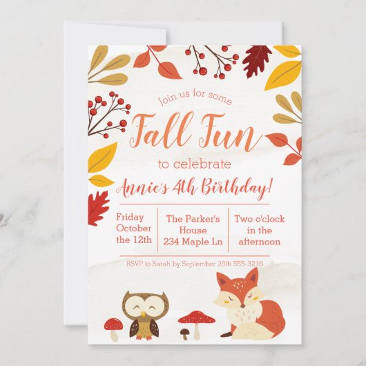 かわいい秋おもしろいウッドランドアニマルズ子供の誕生日 招待状 (正面)