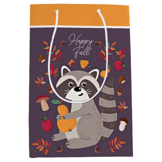 かわいい秋のアライグマカスタム文字 ミディアムペーパーバッグ (正面)