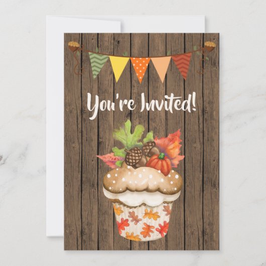 かわいい秋のカップケーキとバンティング秋誕生日 招待状 (正面)