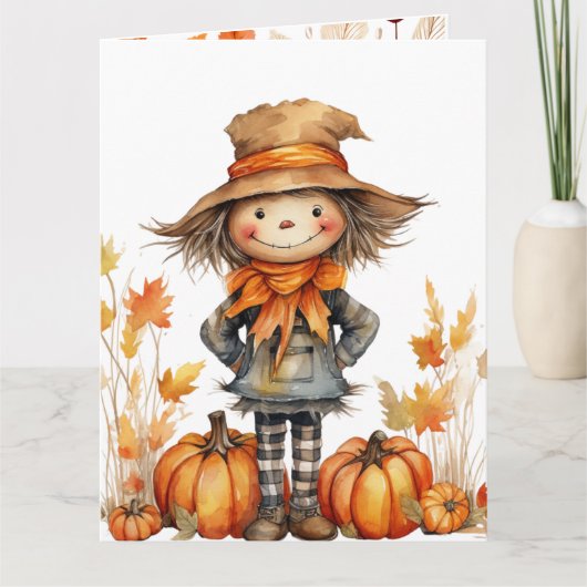 かわいい秋のカボチャと葉っぱの魔除け人形 カード (正面)