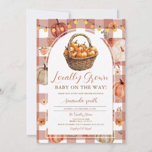 かわいい秋のカボチャ地元で育てた市場ベイビーシャワー 招待状 (正面)
