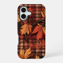かわいい秋のチェック柄と紅葉 iPhone 16ケース