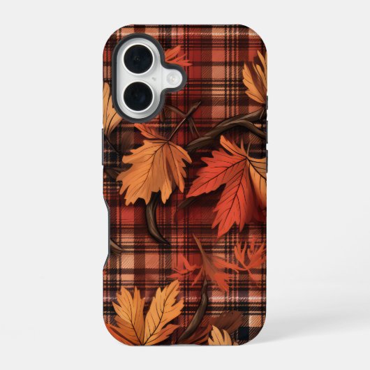 かわいい秋のチェック柄と紅葉 iPhone 16ケース (裏面)