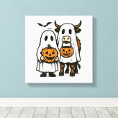 かわいい秋のハイランド牛の幽霊ハロウィン2 キャンバスプリント (インサイチュ (ウッドフロア))