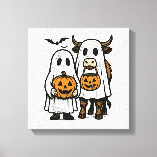 かわいい秋のハイランド牛の幽霊ハロウィン2 キャンバスプリント (正面)