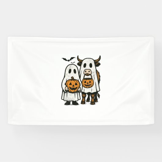かわいい秋のハイランド牛の幽霊ハロウィン2 横断幕 (横)