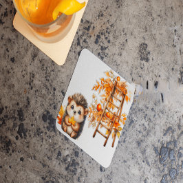 かわいい秋のハリネズミと収穫のはしごのイラスト スクエアペーパーコースター