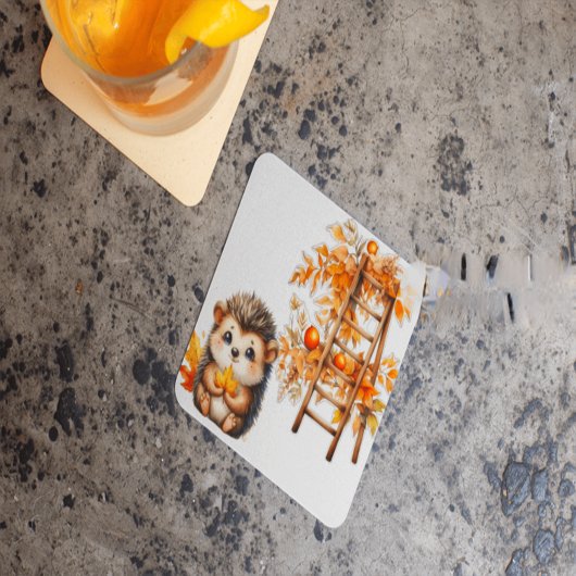 かわいい秋のハリネズミと収穫のはしごのイラスト スクエアペーパーコースター