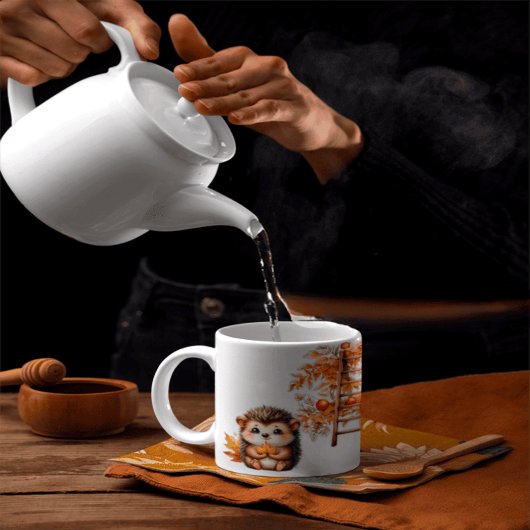 かわいい秋のハリネズミと収穫のはしごのイラスト マグカップ