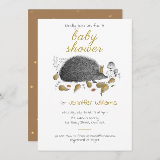 かわいい秋のハリネズミ中性ベビーシャワー 招待状 (正面/裏面)