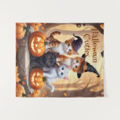 かわいい秋のハロウィーンキッチンインコスチュームカボチャ タペストリー (正面(横))