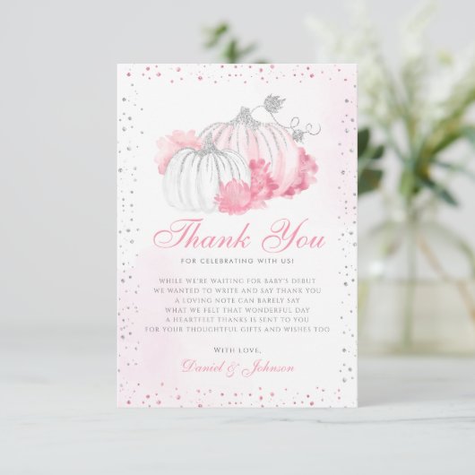 かわいい秋のピンクカボチャ秋フローラベビーシャワー サンキューカード (スタンド正面)